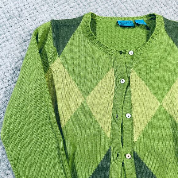Vintage Y2K Lime Green Argyle Print Long Sleeve Cardigan Sweater S TeeCo - Picture 2 of 6